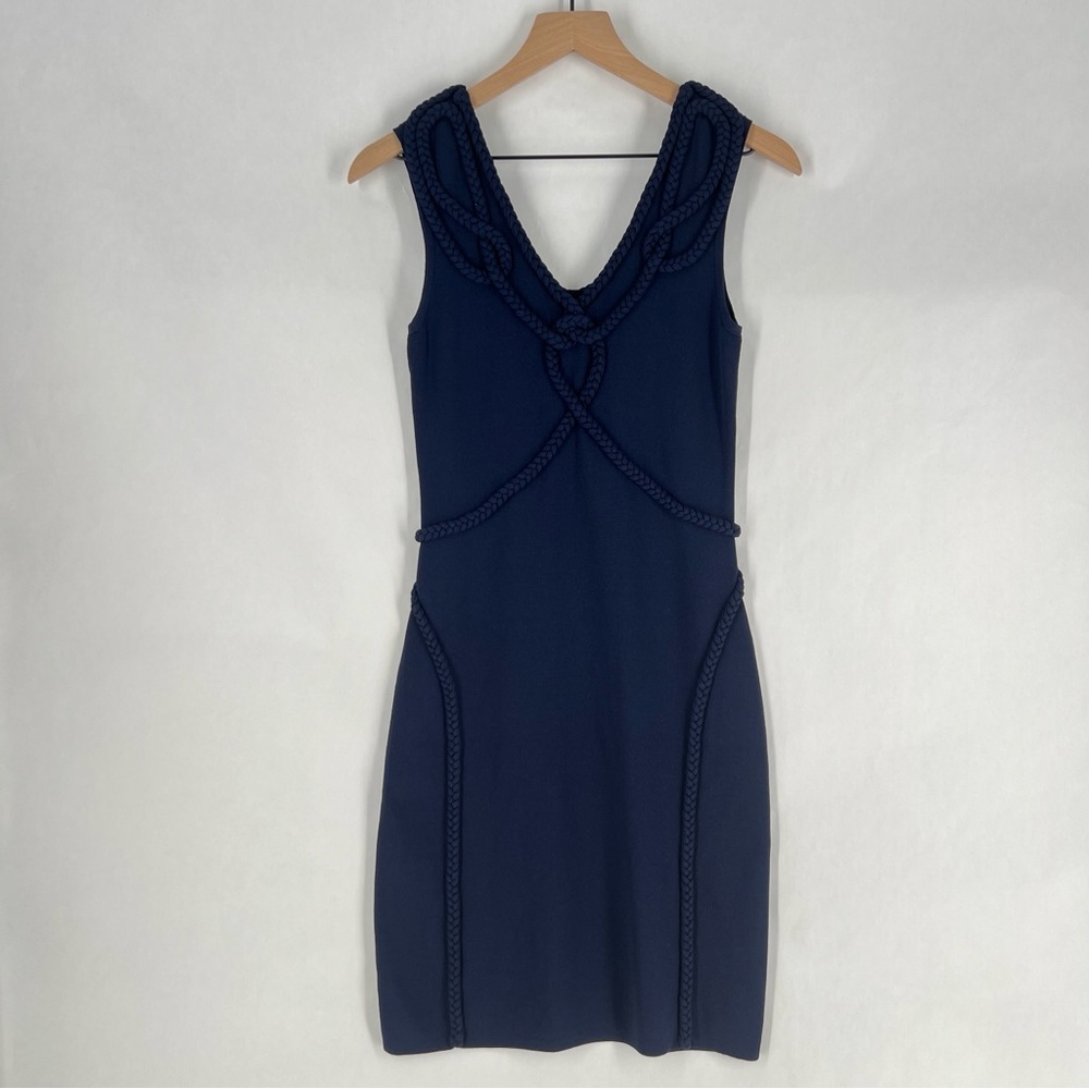 Etcetera Navy Blue Stretch Knit Braided‎ Trim Sleeveless V-Neck Dress Size S